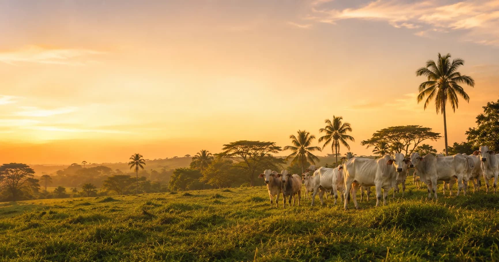 Finca ganadera en Colombia con un ganado de ganado cebú al atardecer