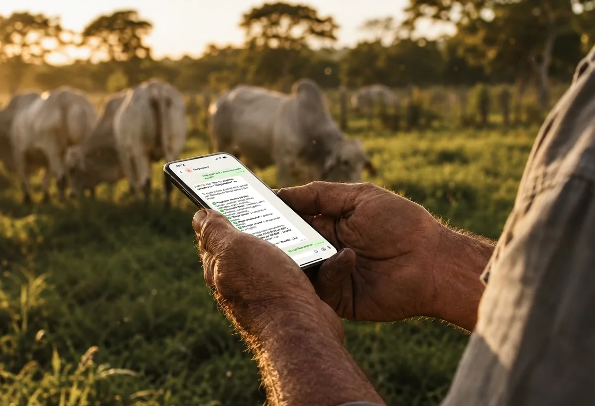 Ganadero usando el software ganadero Neoganadero por WhatsApp en su finca de ganado cebú al atardecer